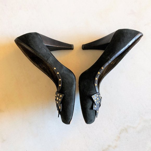 Sacha London black leather high heel pump shoes, western / boho, gold hardware - Picture 6 of 10